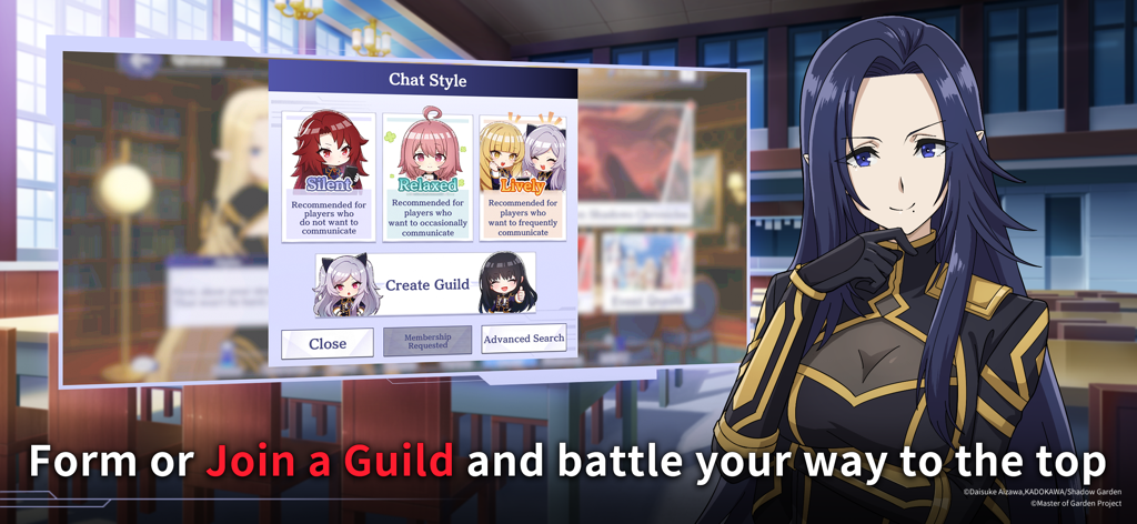 The Eminence in Shadow RPG - Interfaz que muestra la creación de gremios y opciones de estilo de chat como Relajado Silencioso y Animado en The Eminence in Shadow RPG