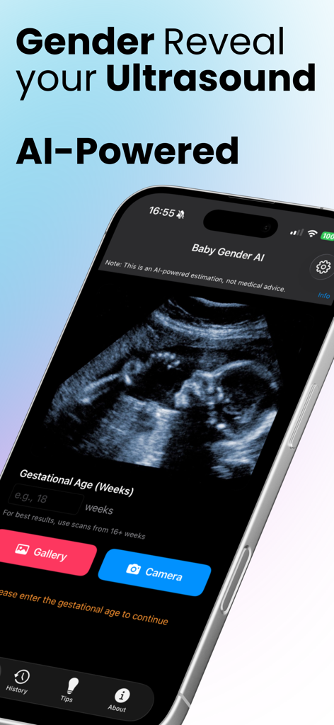 Baby Gender AI Scanner - A smartphone showing the Baby Gender AI Scanner app interface with an ultrasound scan and options to upload from gallery or use the camera.