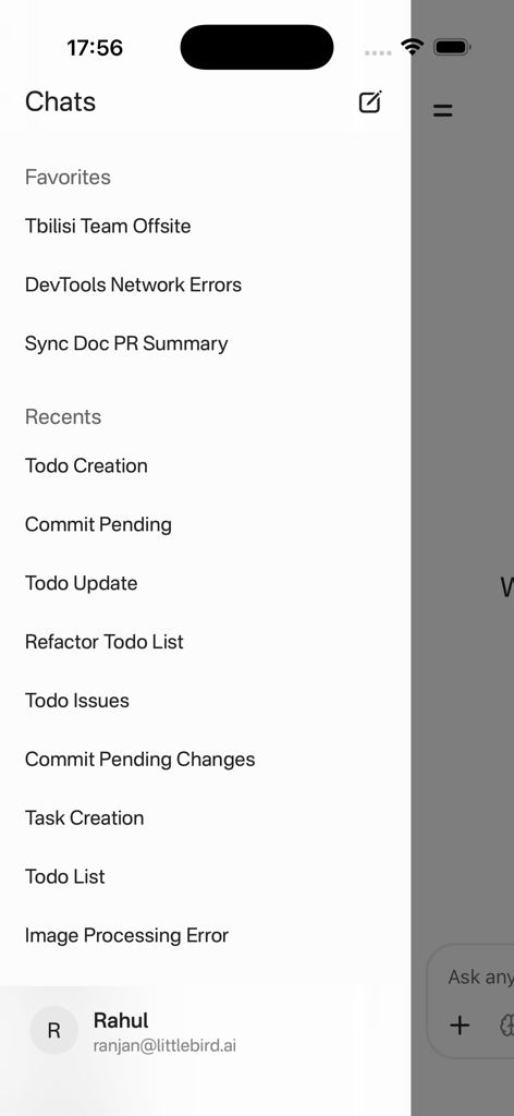 Littlebird AI mobile app sidebar showing favorites and recent chat history for a technical user