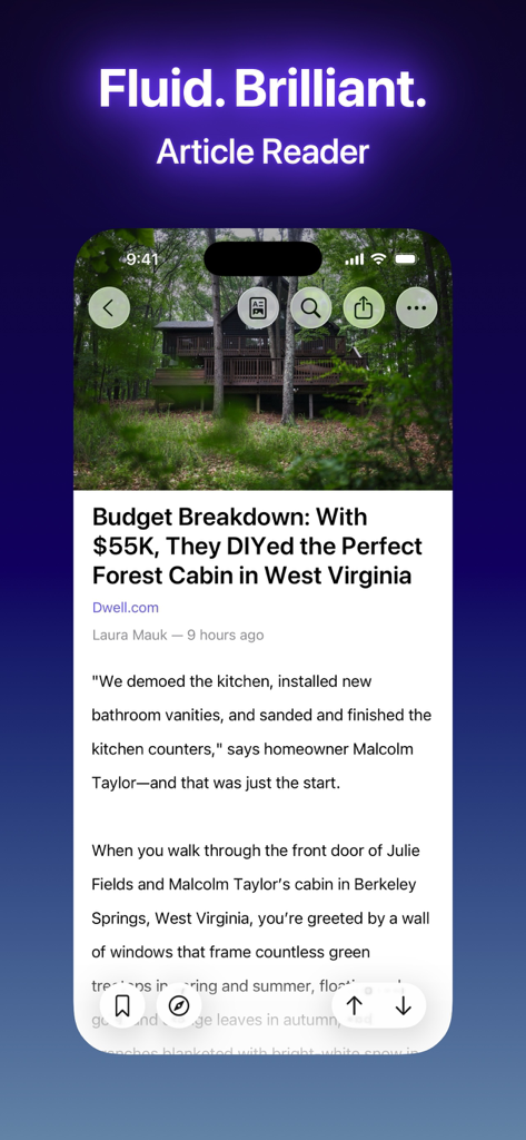 Elytra - Elytra mobile app article reader interface showing a clean layout for reading news and blogs