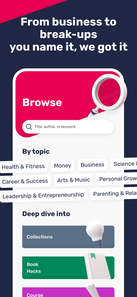Uptime: Get smarter, stand out - Uptime app browse screen showing a search bar and various learning topics like business career and money