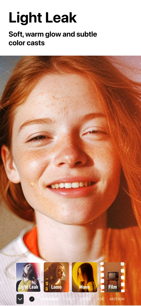 Filto app interface demonstrating a light leak filter with a warm glow on a portrait of a woman