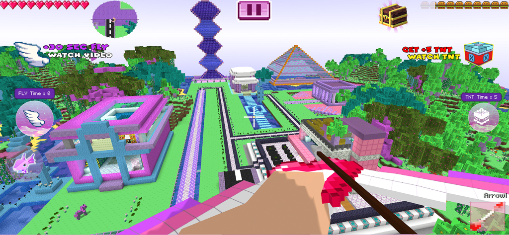 Kawaii Planet Craft - Vista en primera persona de un mundo de bloques colorido en Kawaii Planet Craft con edificios rosas y pastel y un personaje sosteniendo un lazo rosa.