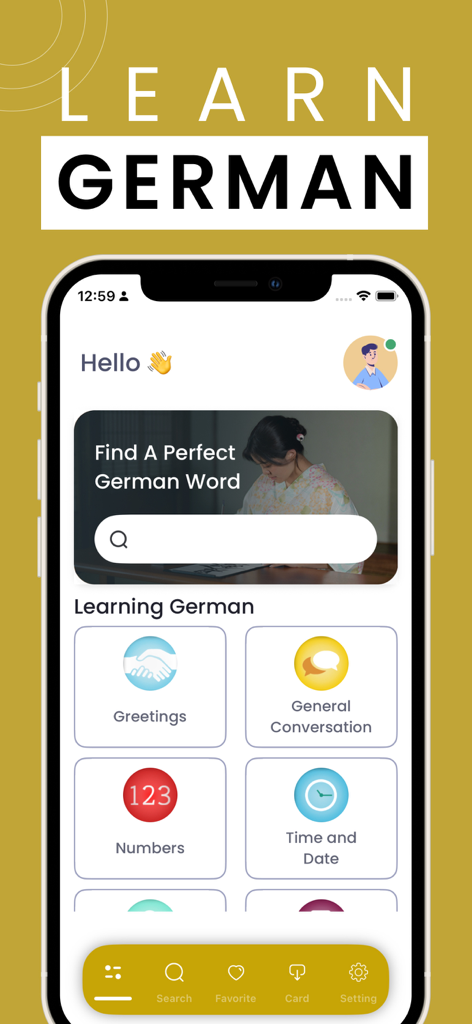 Learn German - Phrasebook - Learn German Phrasebook app interface showing language learning categories like greetings and numbers
