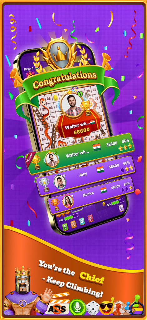 A winner screen in the Snakes and Ladders Chief mobile app showing a congratulations message and a multiplayer leaderboard.