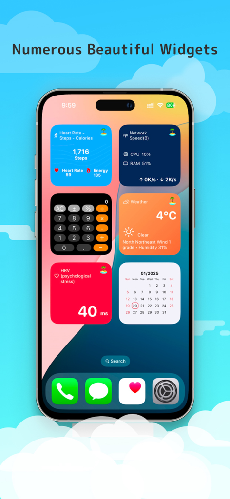 Island Widgets - Variedad de widgets coloridos de la pantalla de inicio de iOS, incluyendo estadísticas de salud, clima y rendimiento del sistema