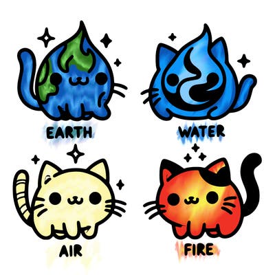 4 cats that represent the different elements, earth, water, air, and fire