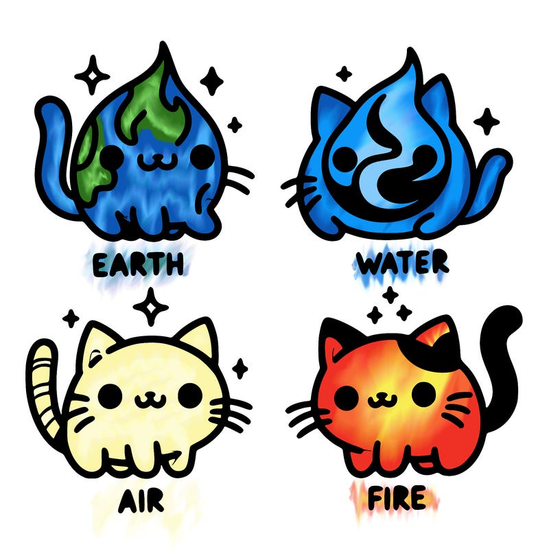 4 cats that represent the different elements, earth, water, air, and fire