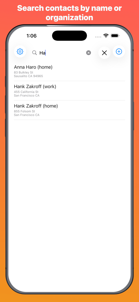 Search interface of the Sidewalk app displaying contact results with names and addresses.