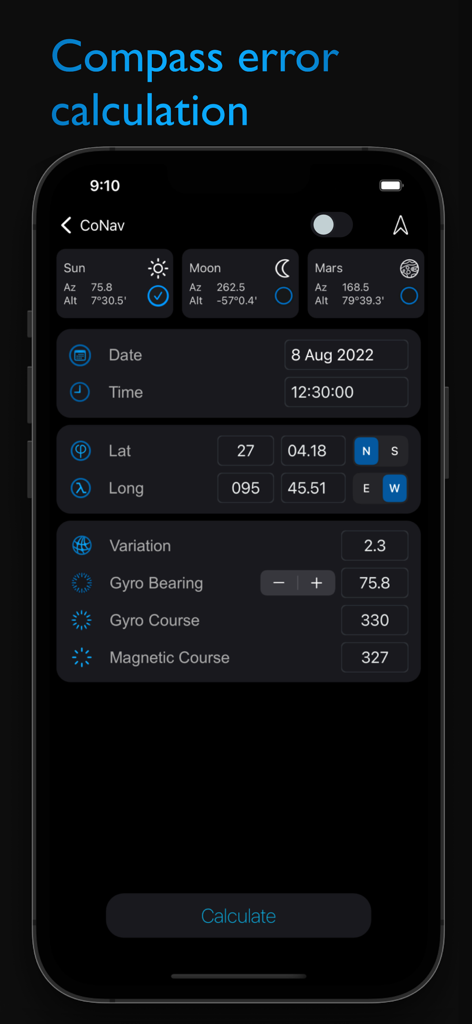 CoNav - Schermata dello smartphone dell'app CoNav che mostra il calcolo dell'errore di bussola con dati di navigazione celeste
