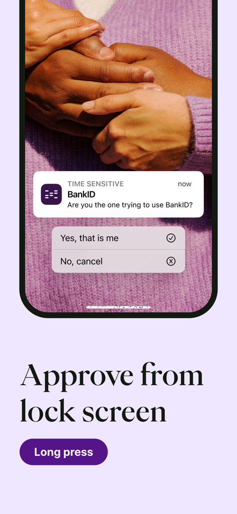A smartphone showing a BankID notification on the lock screen with options to approve or cancel a login request.