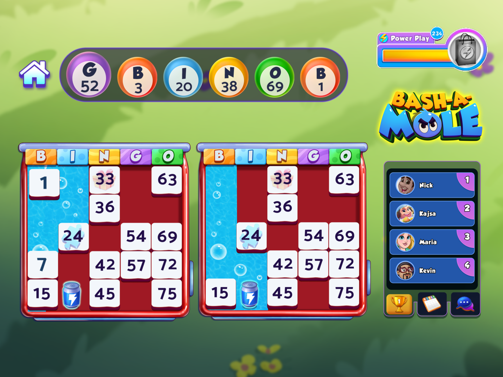 Bingo Bash HD Live Bingo Games - Bingo Bash HD gameplay showing two bingo cards and the Bash-A-Mole mini-game leaderboard