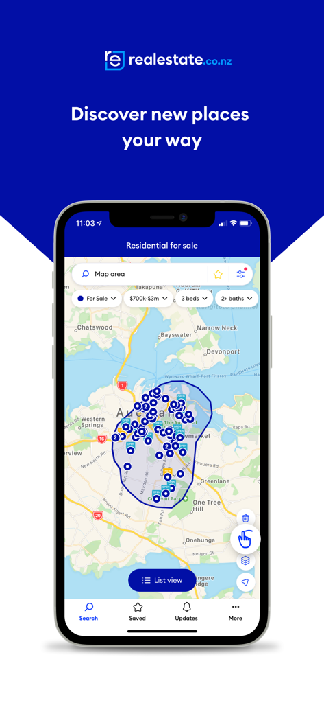 Realestate - Realestate.co.nz app map search interface showing property listings in Auckland New Zealand