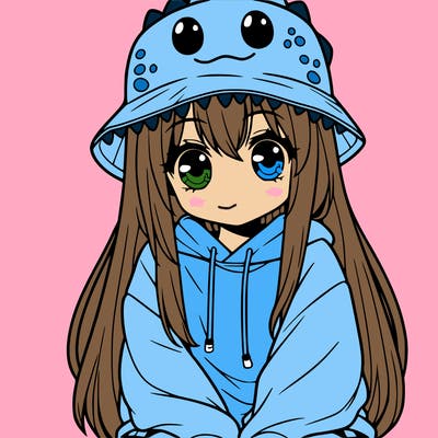 girl with anime shaped eyes with a dinosaur bucket hat oversized sweatshirt long straight hair