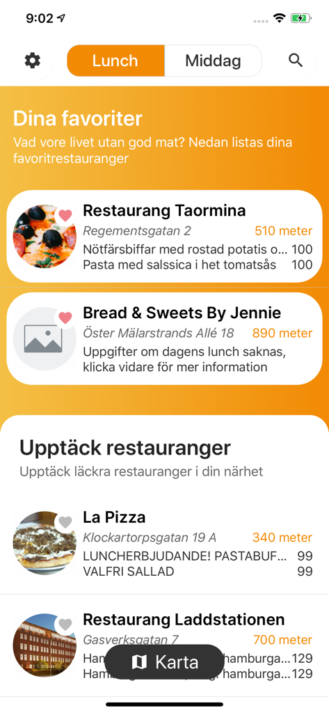 Gastrogate - Application Gastrogate montrant une liste de restaurants avec des menus du jour et les distances par rapport à l'emplacement de l'utilisateur