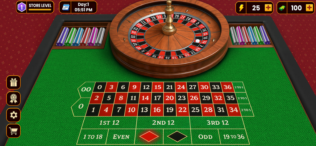 Casino Empire: Manager Games - Visão de cima para baixo de uma mesa de roleta de cassino com grade de apostas e fichas coloridas