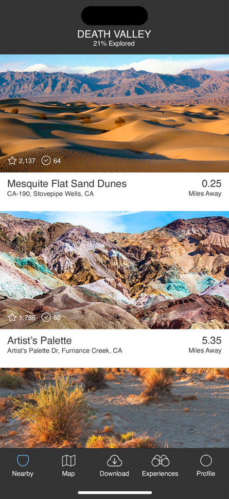 Death Valley Offline Guide - Death Valley Offline Guide app screen showing a list of nearby attractions including Mesquite Flat Sand Dunes and Artist's Palette with high quality landscape photos.