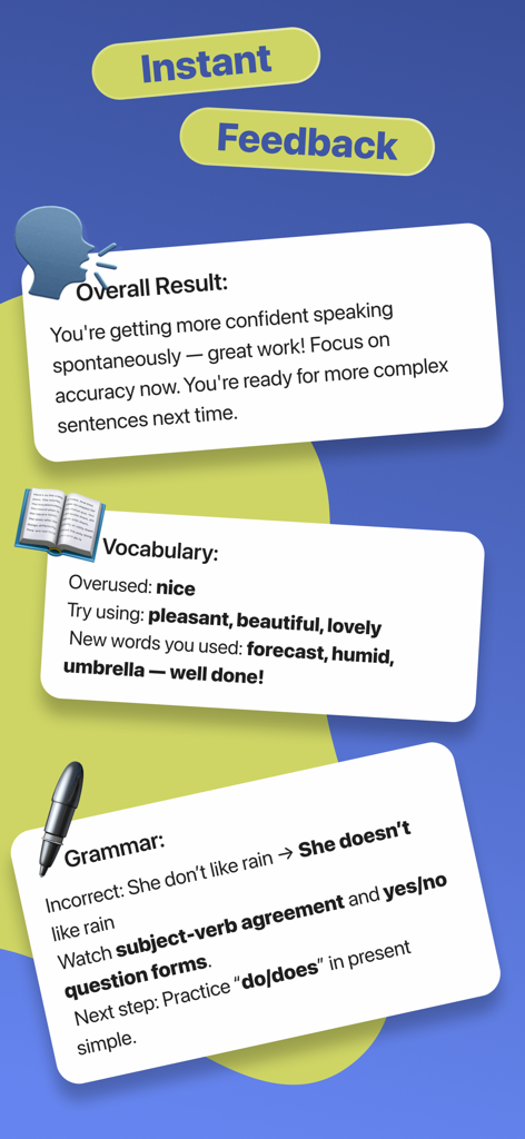 Learn & Speak English・AI Tutor - Tarjetas de retroalimentación instantánea que muestran sugerencias de vocabulario y correcciones gramaticales.