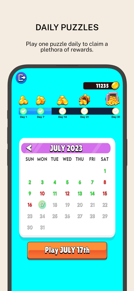 Daily word puzzles calendar and reward progress screen
