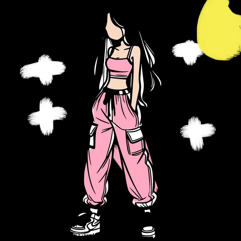girl in baggy pants crop top and long hair