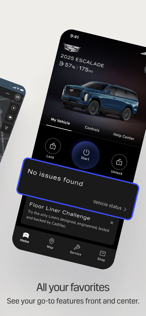 The myCadillac app home screen showing vehicle status and remote controls for a 2025 Escalade