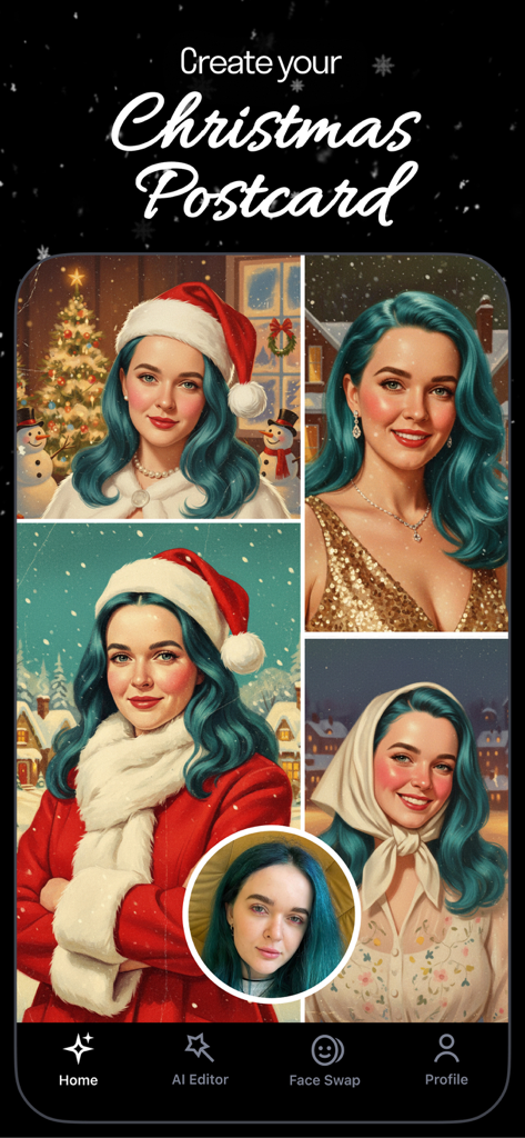 Reface: Face Swap AI Photo App - Reface app interface showing AI-generated Christmas postcard options with festive face swaps