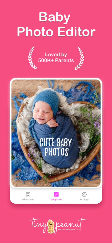 Tiny Peanut: Baby Photo Editor - Screenshot of Tiny Peanut Baby Photo Editor app showing a newborn baby in a heart shaped wooden prop with professional studio styling