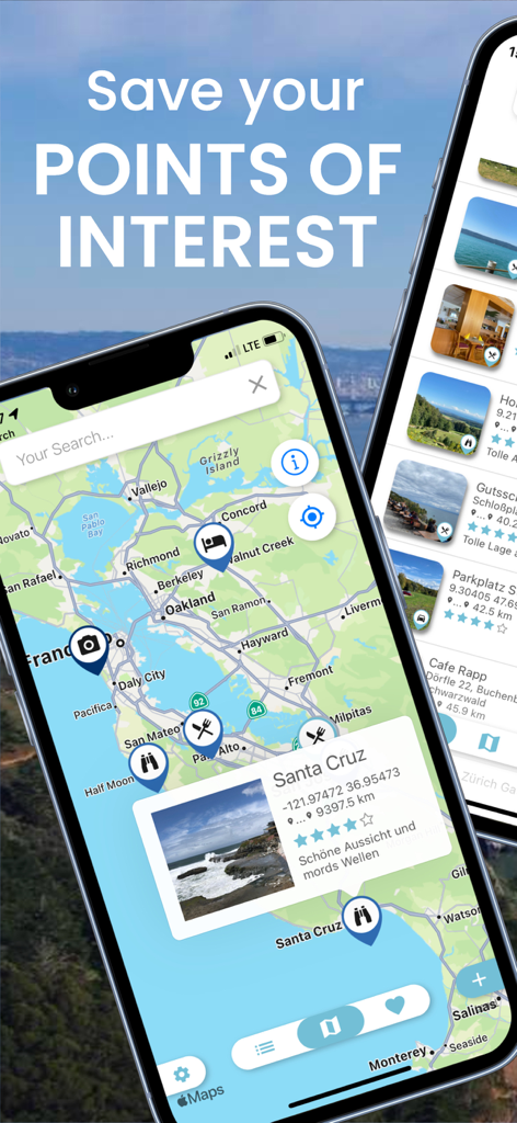 POI MAP - Your Private Places - A smartphone screen showing the POI MAP app map view with saved locations and GPS coordinates