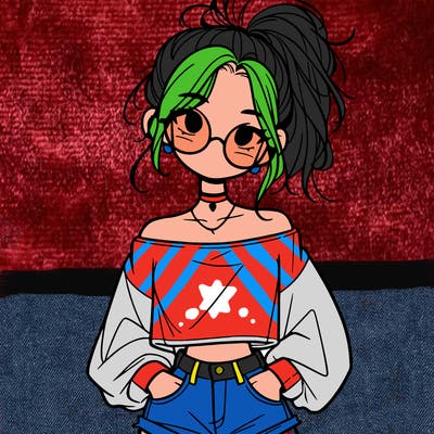 girl with a messy ponytail glasses a baggy crop top and jean shorts