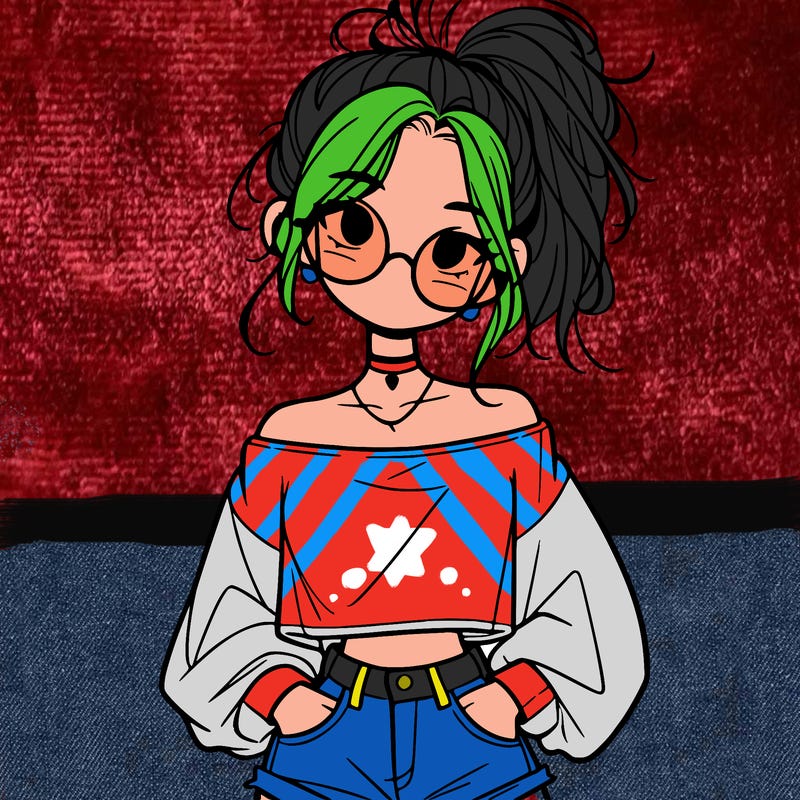 girl with a messy ponytail glasses a baggy crop top and jean shorts