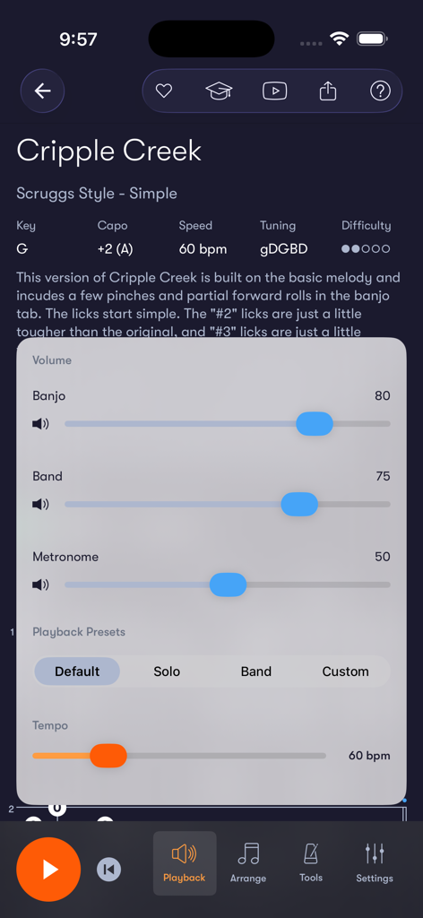 Tunefox - Tunefox app interface showing volume and tempo controls for a banjo practice session of the song Cripple Creek.