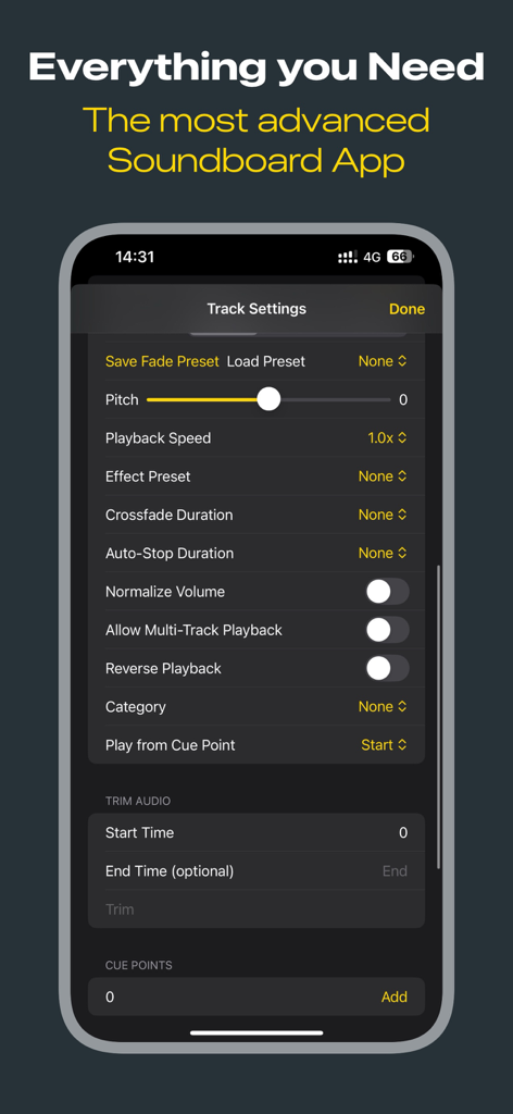 Soundboard Pro - Pantalla de configuración avanzada de pistas en Soundboard Pro que muestra controles de tono, velocidad y recorte de audio.