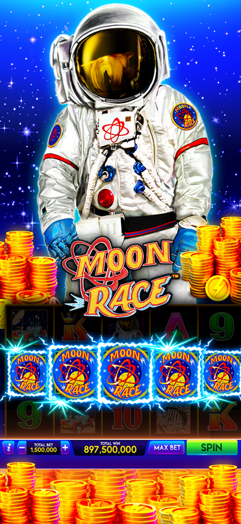 Lightning Link Casino Slots - Juego de máquina tragamonedas con temática de Moon Race con un personaje astronauta y pilas de monedas de oro virtuales