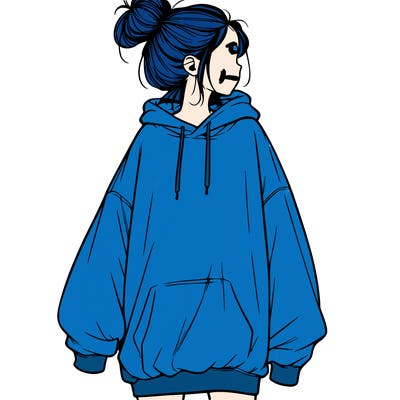 realistic girl with a oversized sweatshirt on and a bun