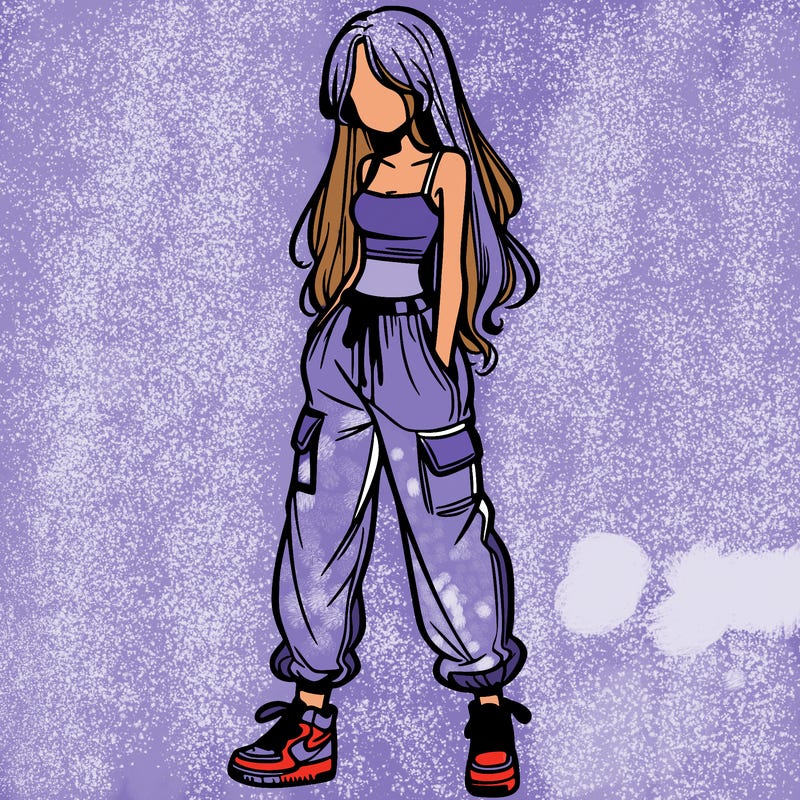 girl in baggy pants crop top and long hair