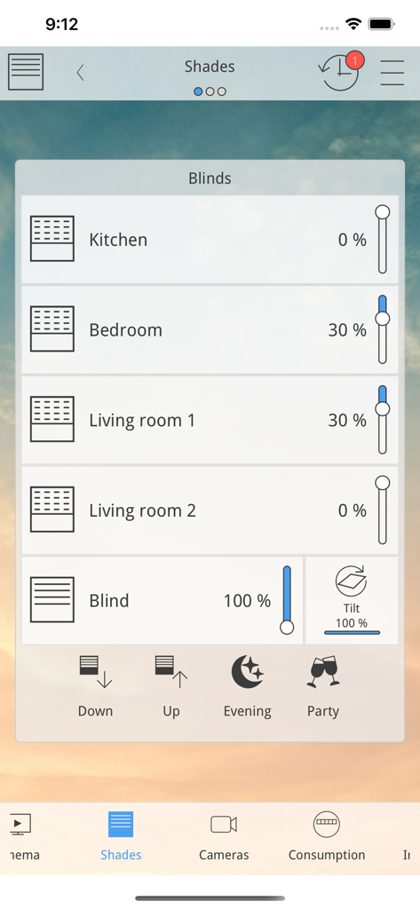bOS Client - Oberfläche der bOS Client App, die Fernsteuereinstellungen für motorisierte Jalousien und Rollläden in verschiedenen Räumen zeigt