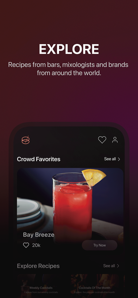 Barsys - Interfaz de la aplicación Barsys que muestra la sección de exploración con un cóctel Bay Breeze entre los favoritos.