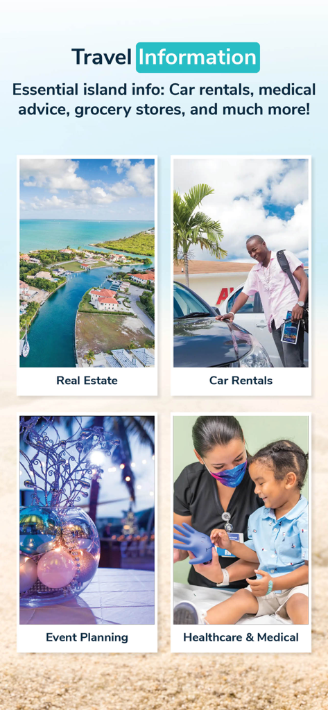 Explore Cayman - Screenshot of the Explore Cayman app displaying travel information categories like car rentals and healthcare
