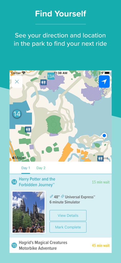 Orlando Theme Park Day - Interactive park map and real-time attraction wait times in the Orlando Theme Park Day app interface
