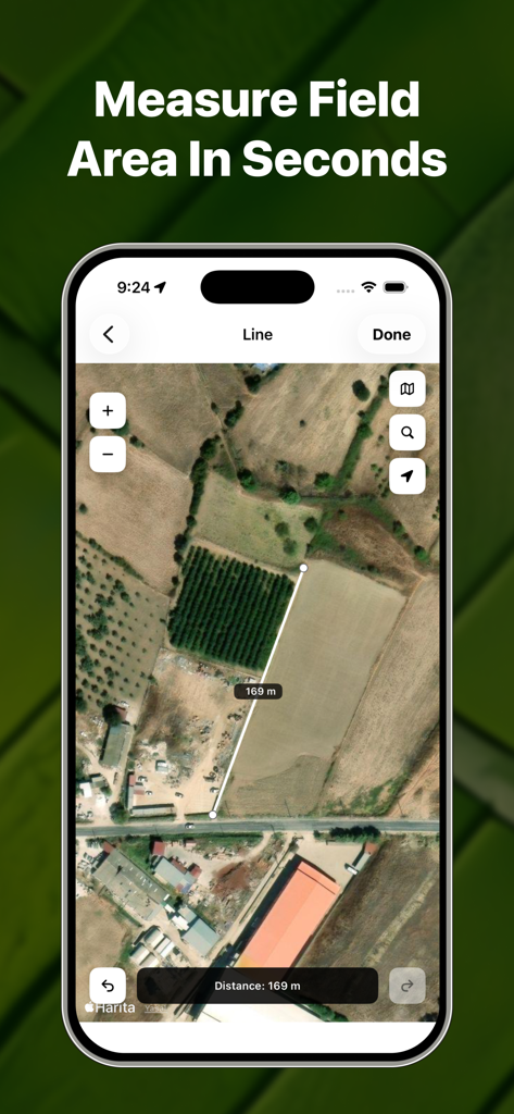 Interfaz de la App de Medición de Campos GPS mostrando una medición de distancia en un mapa satelital.