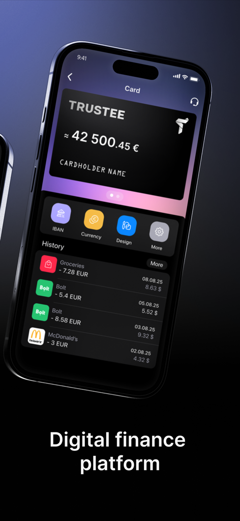 Trustee Plus | Wallet & Card - Trustee Plus mobile app interface showing a virtual payment card and transaction history for daily expenses