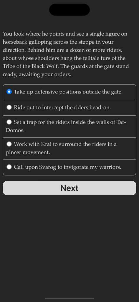 Uma captura de tela do jogo Saga of the North Wind mostrando texto narrativo e múltiplas opções de escolha para uma estratégia de batalha.