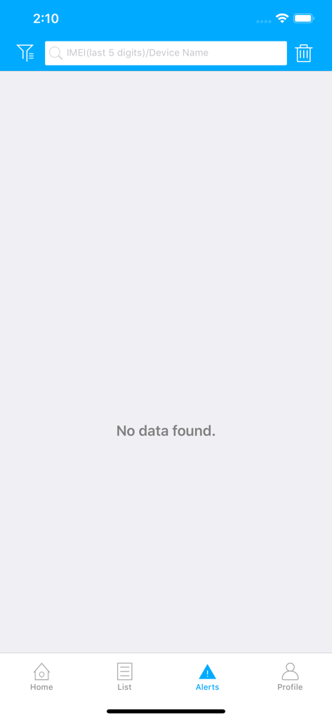 Tracksolid app alerts screen showing no data found message