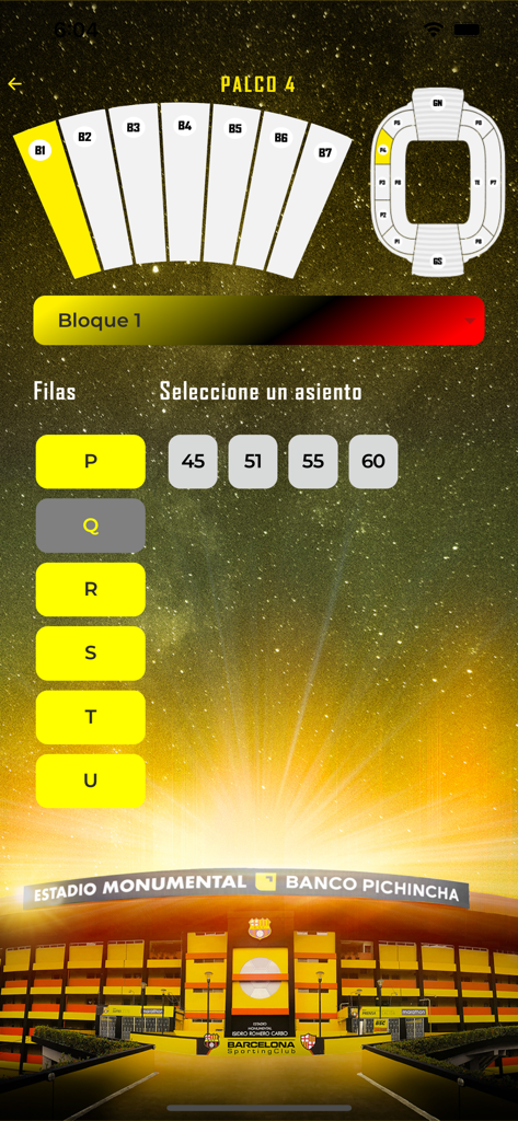 エスタディオ・モヌメンタルスタジアムのバルセロナSC公式アプリの座席選択画面