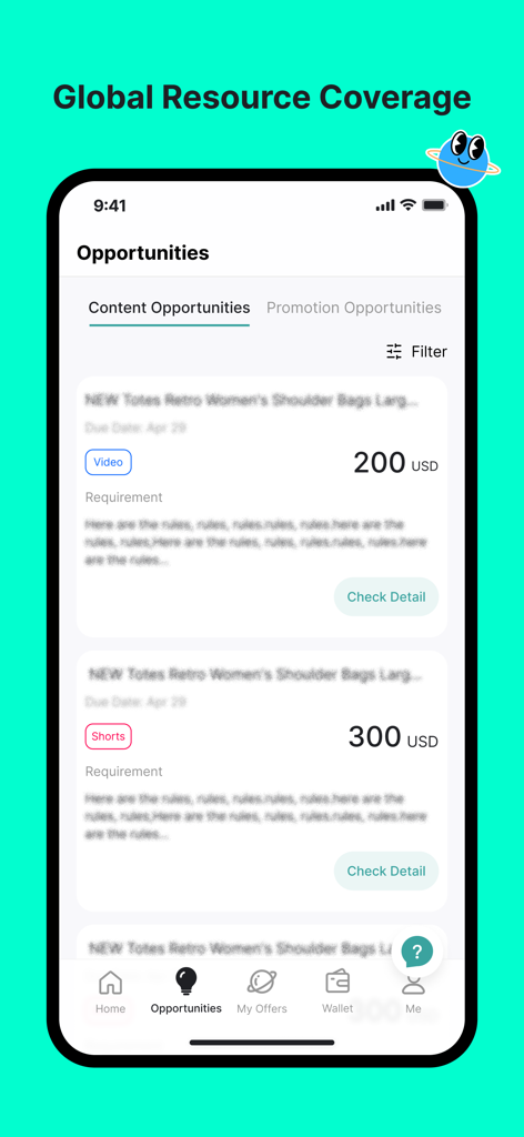 Interface de l'application MyyShop affichant des opportunités de collaboration avec des marques avec des montants de paiement pour les créateurs de contenu