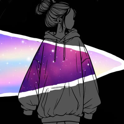 realistic girl with a oversized sweatshirt on and a bun