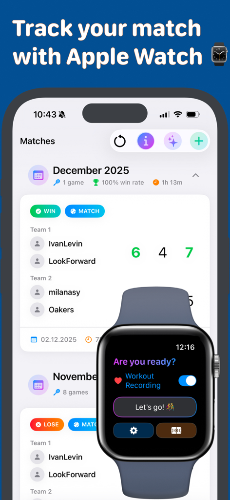 Padel Fit Score Tracker - Padel Fit app showing match history on a smartphone and workout recording on an Apple Watch