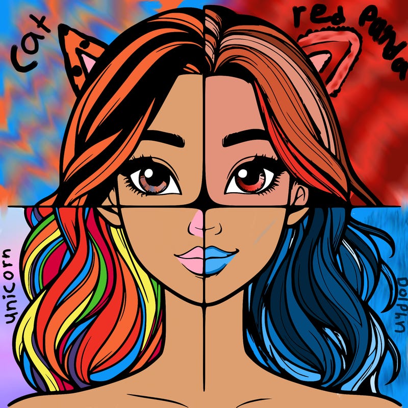 a realistic girl split into four parts