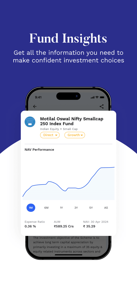 Interface do aplicativo Motilal Oswal mostrando insights do fundo e gráfico de desempenho NAV para um fundo de índice