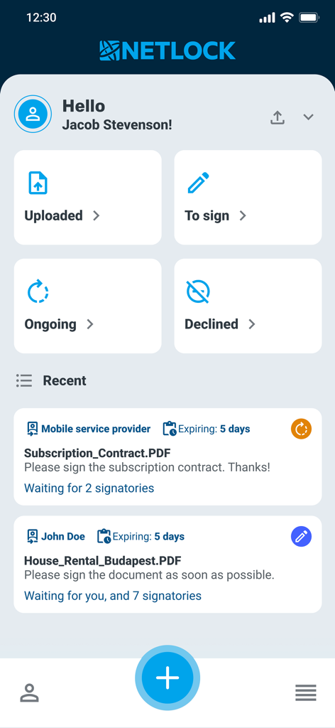 The main dashboard of the Netlock mobile app showing document signing statuses and a list of recent contracts